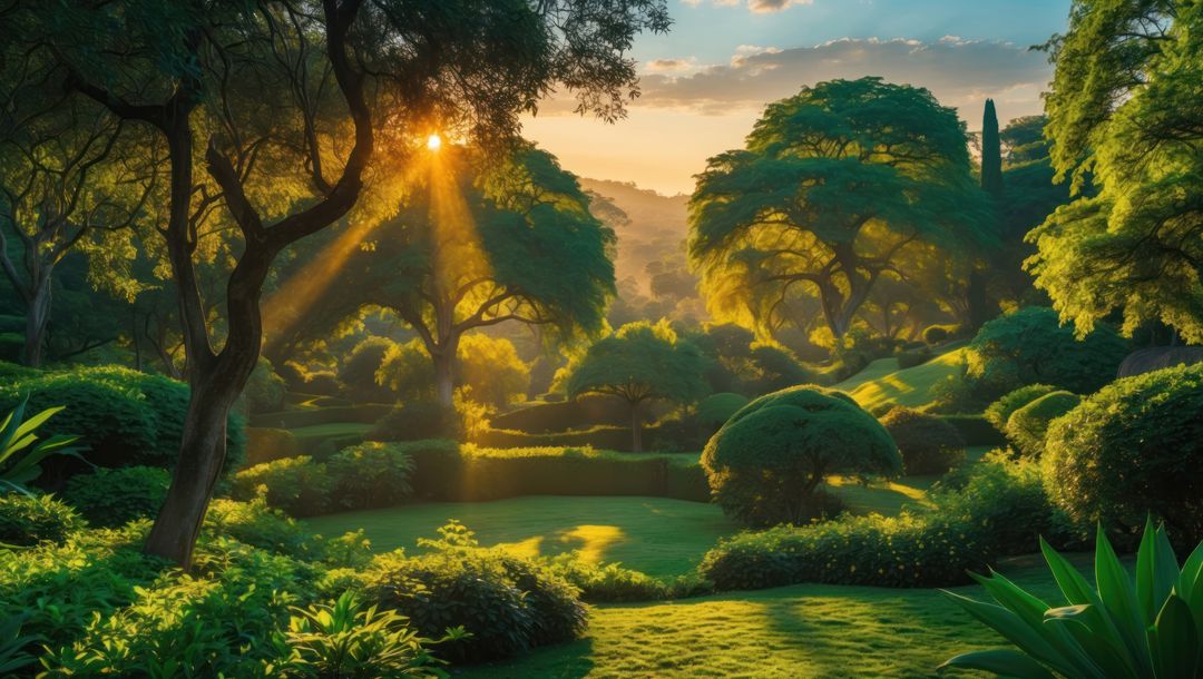 Sunlit canopy trees and sculpted shrubs on tranquil hills, garden of eden concept