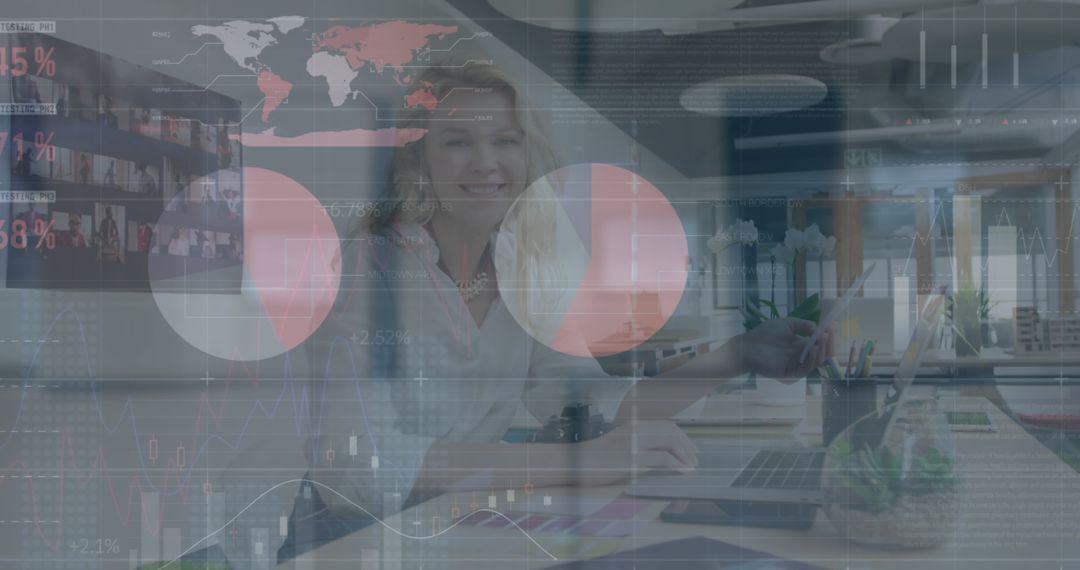 Smiling Businesswoman Analyzing Global Data Reports in Modern Office