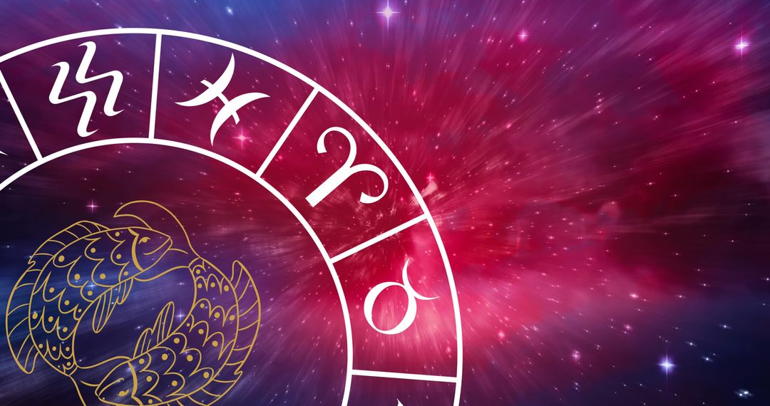 Zodiac Wheel on Cosmic Background Highlighting Pisces Symbol