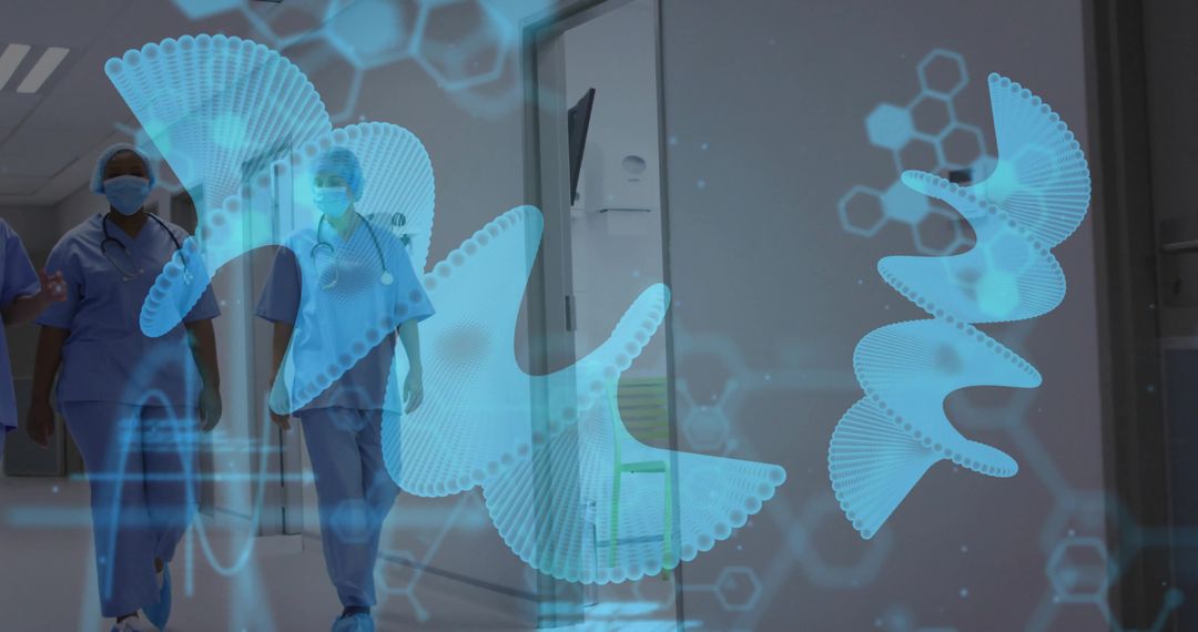 Medical Staff Walking in Hospital with Futuristic DNA Graphics
