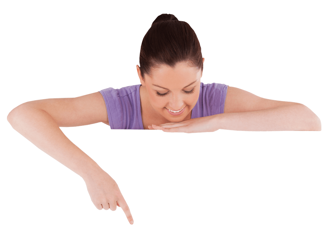 Smiling Woman Pointing from Behind Transparent Surface