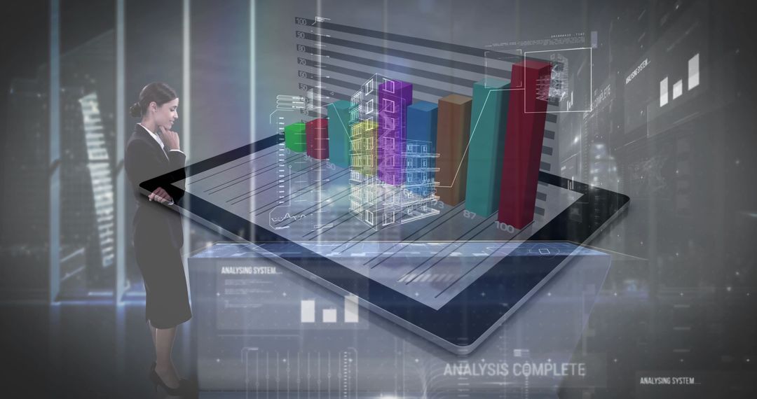 Businesswoman Analyzing Data Visualization in Futuristic Environment