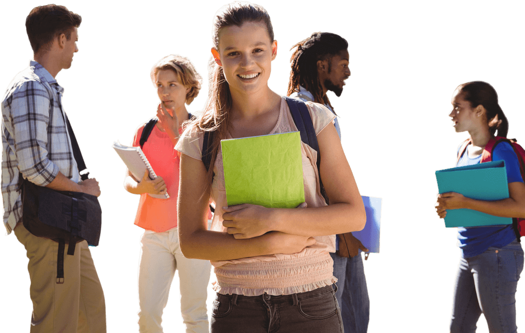 Transparent Group of Diverse Students Socializing on Sunny Campus Day
