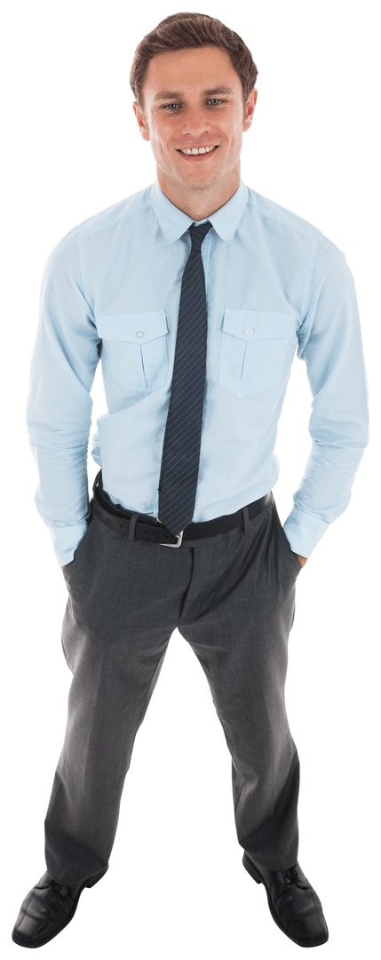 Smiling Businessman Standing Casually Hands Pockets Transparent Background
