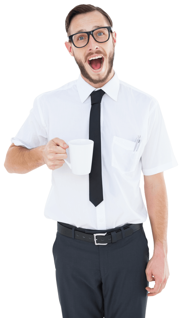 Transparent Geeky Businessman Smiling with Coffee Mug