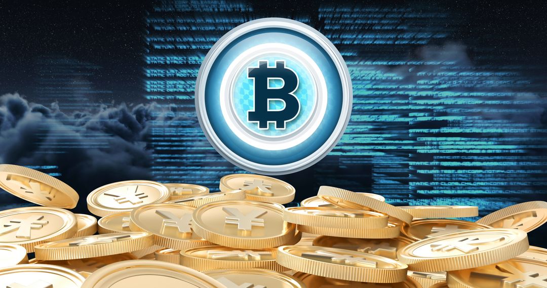 Bitcoin Rising Over Gold Coins and Digital Codes in Cyberworld