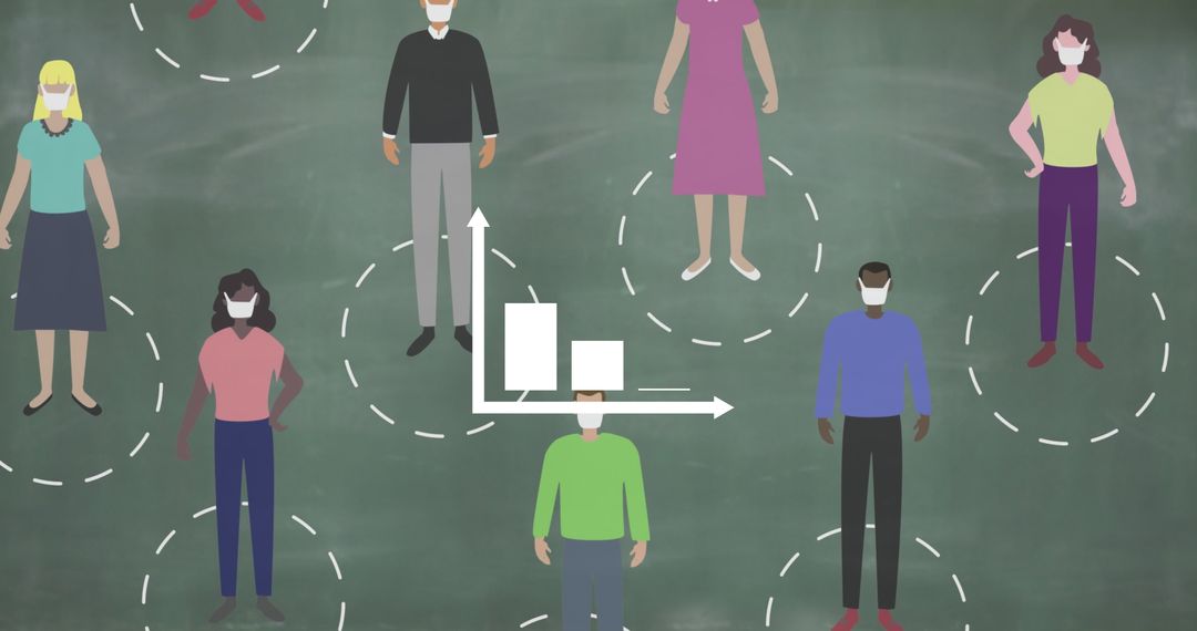 Diverse People Social Distancing with Graph Symbolizing Pandemic Data