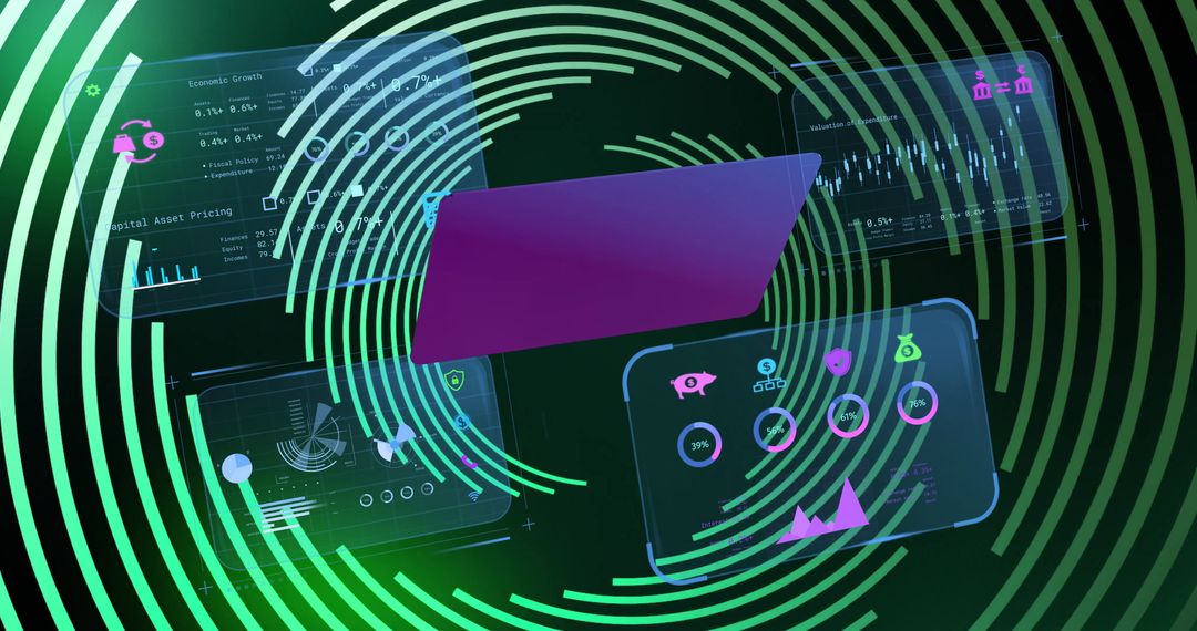 Virtual Laptop with Digital Financial Charts and Icons in Cyberspace