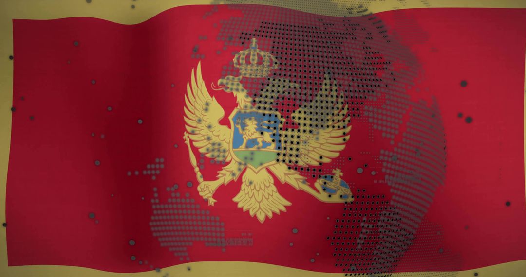 Waving Montenegrin Flag with Coat of Arms and Digital Accents