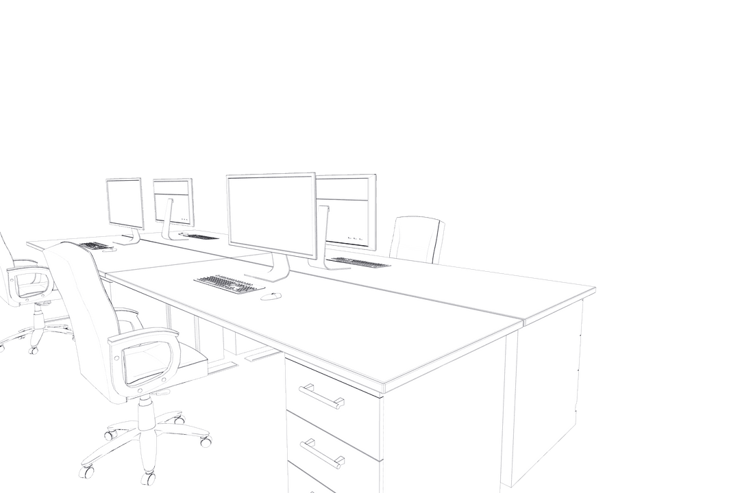 Transparent Office Workspace Design Outline with Desks and Chairs