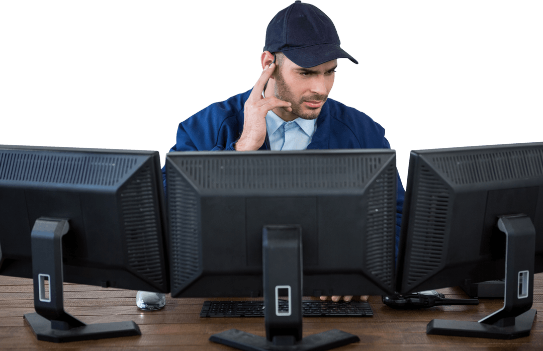 Security Officer Monitoring from Control Desk with Earpiece on Transparent Background
