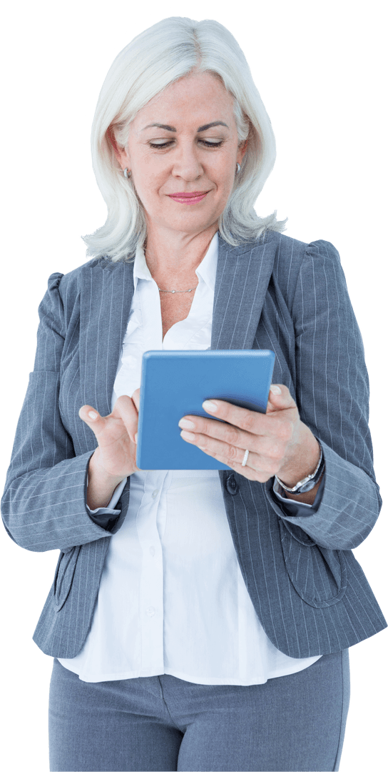 Confident Senior Businesswoman Using Transparent Digital Tablet