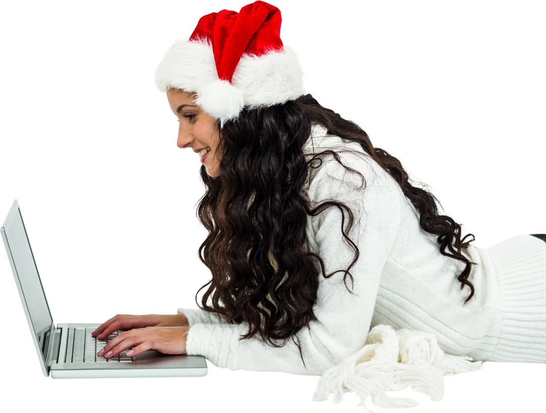 Transparent smiling woman in Santa hat using laptop browsing online - Download Free Stock Images Pikwizard.com