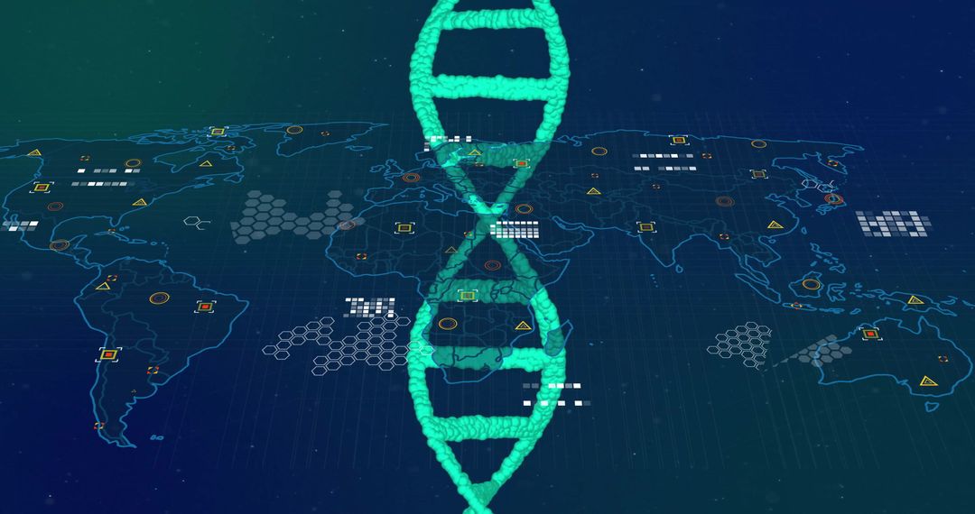 DNA Strand Over World Map Symbolizing Global Research