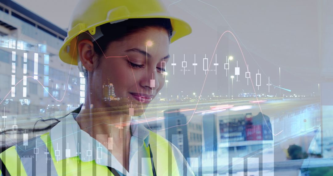 Female Architect Analyzing Data Over Cityscape at Night