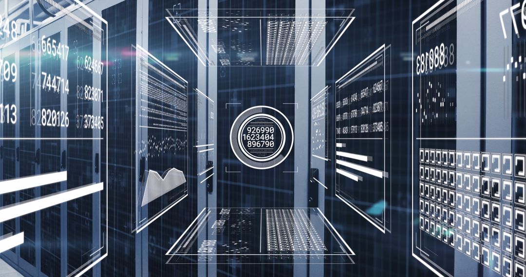 Futuristic Data Center with Digital Graph Overlays Reflecting Business Growth
