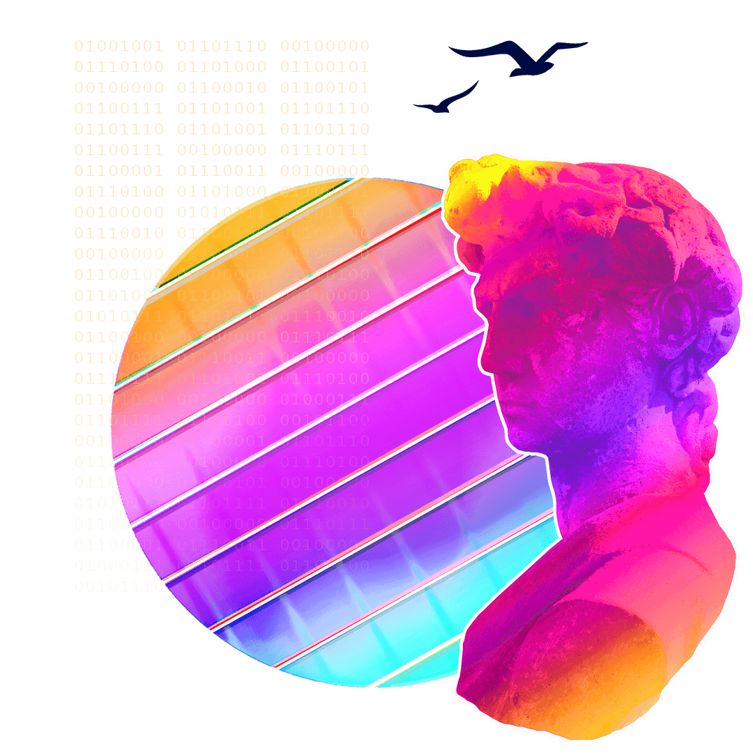 Neon Classical Bust on Digital Binary Background with Birds Transparent Design