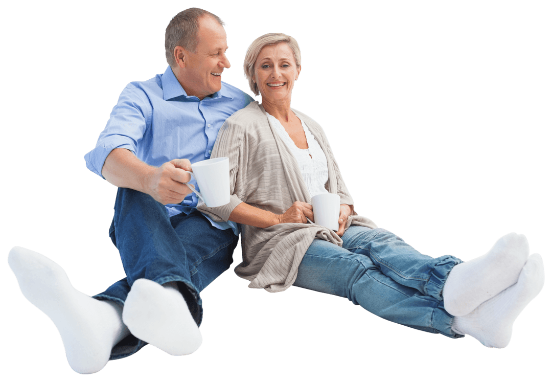 Happy Mature Couple Enjoying Coffee on Transparent Background