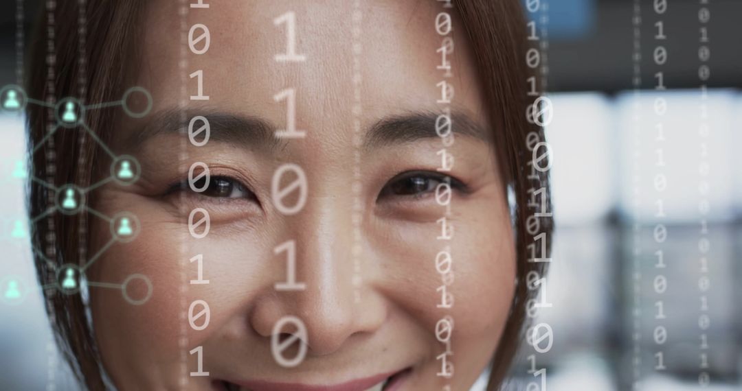 Businesswoman Surrounded by Digital Data Interfaces and Binary Code