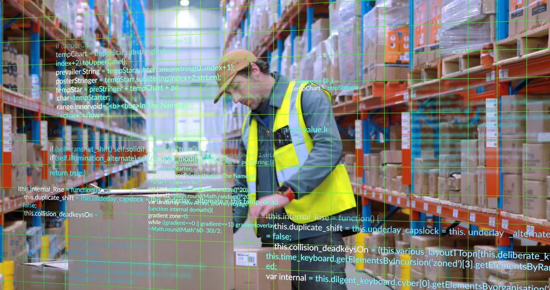 Warehouse Worker Surveys Aisle with Digital Data Overlay for Efficiency