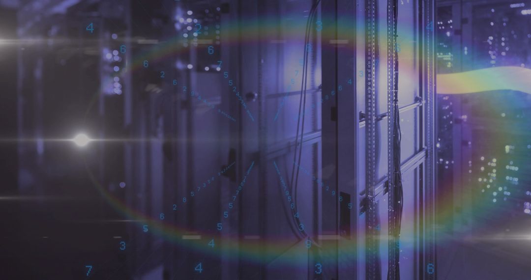 Illuminated Server Racks in Data Center with Digital Overlay Effect