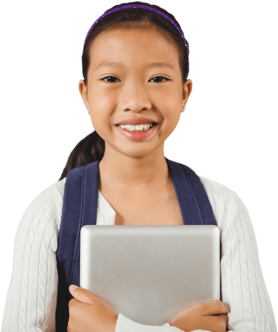 Smiling Asian Girl Holding Tablet on Transparent Background