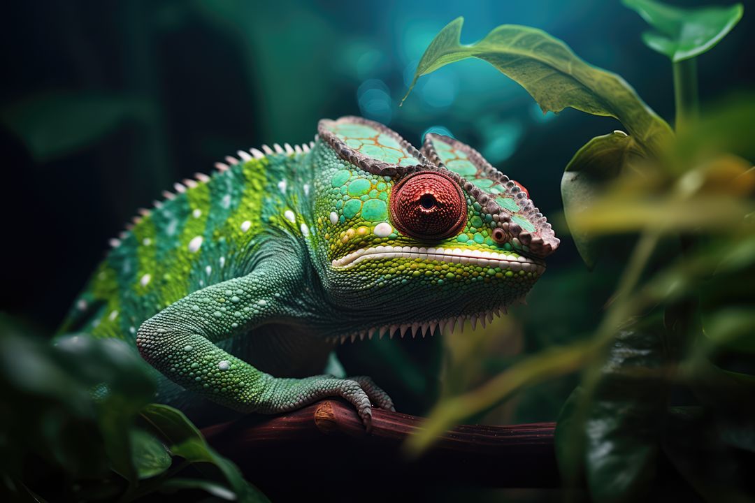 Colorful Chameleon Resting on Branch in Lush Jungle - Free Images, Stock Photos and Pictures on Pikwizard.com