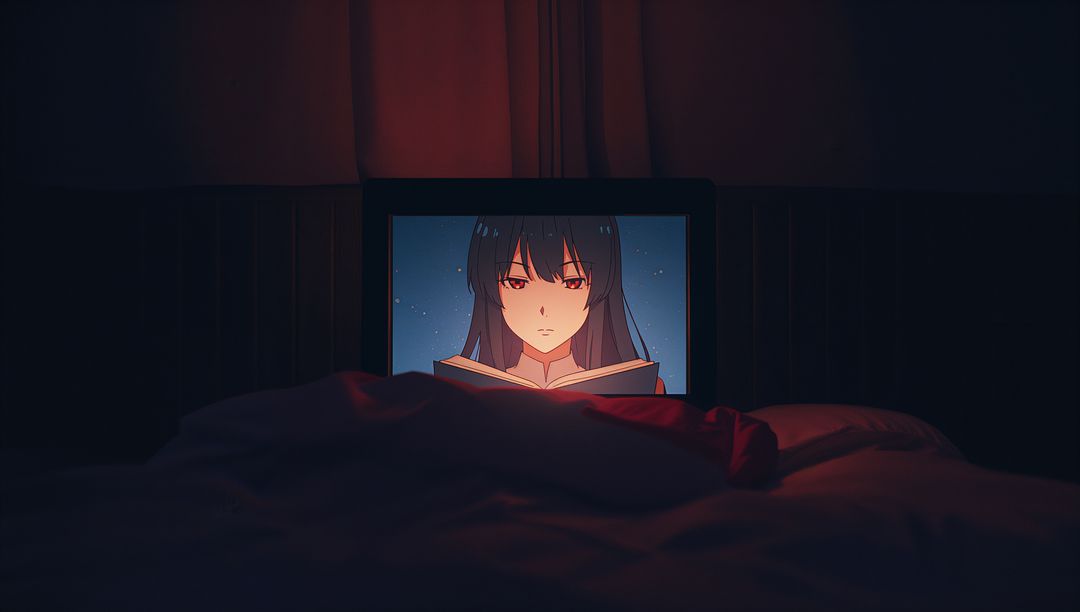 Anime Character Reading Scene on Screen in Cozy Demure Room