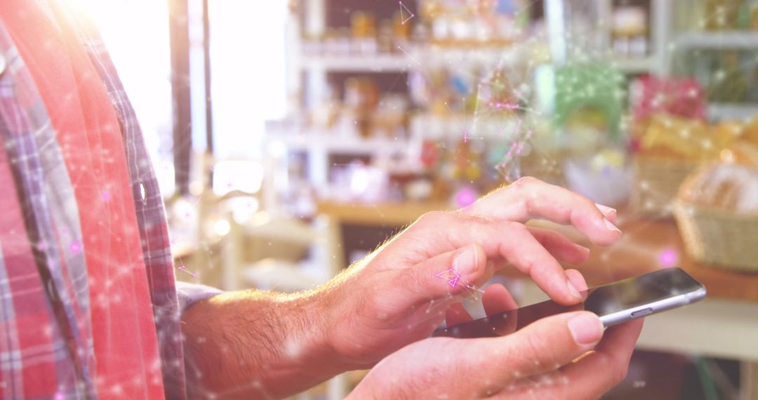 Person Interacting with Smartphone in Cozy Sunlit Store