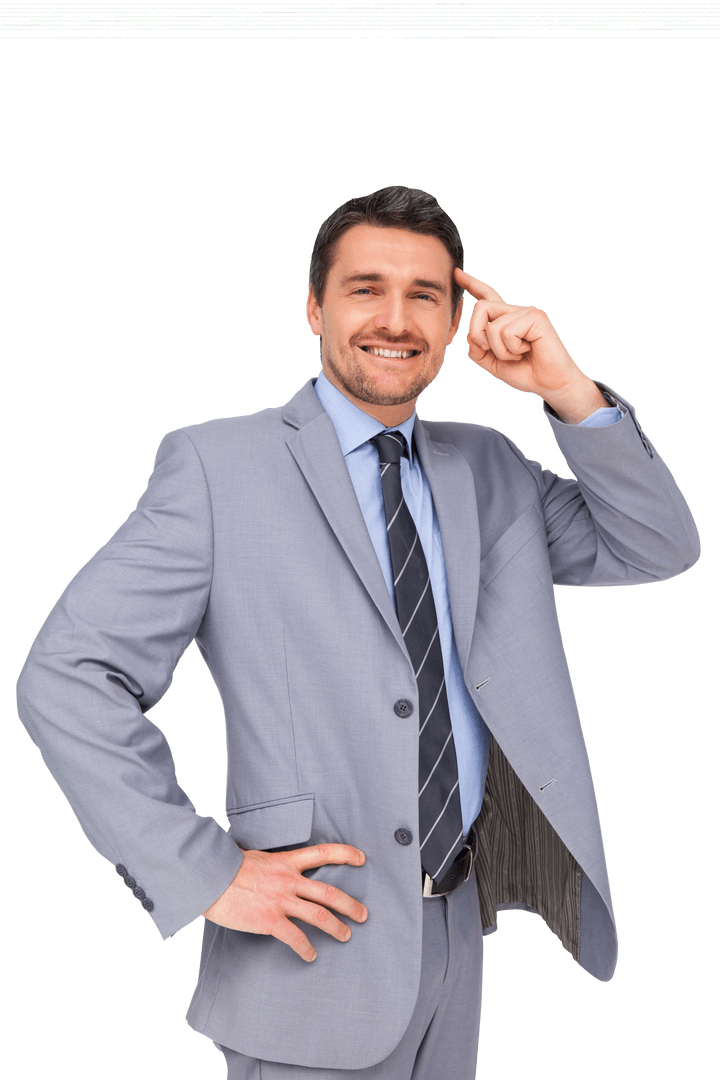 Smiling Caucasian Businessman Touching Temple on Transparent Background