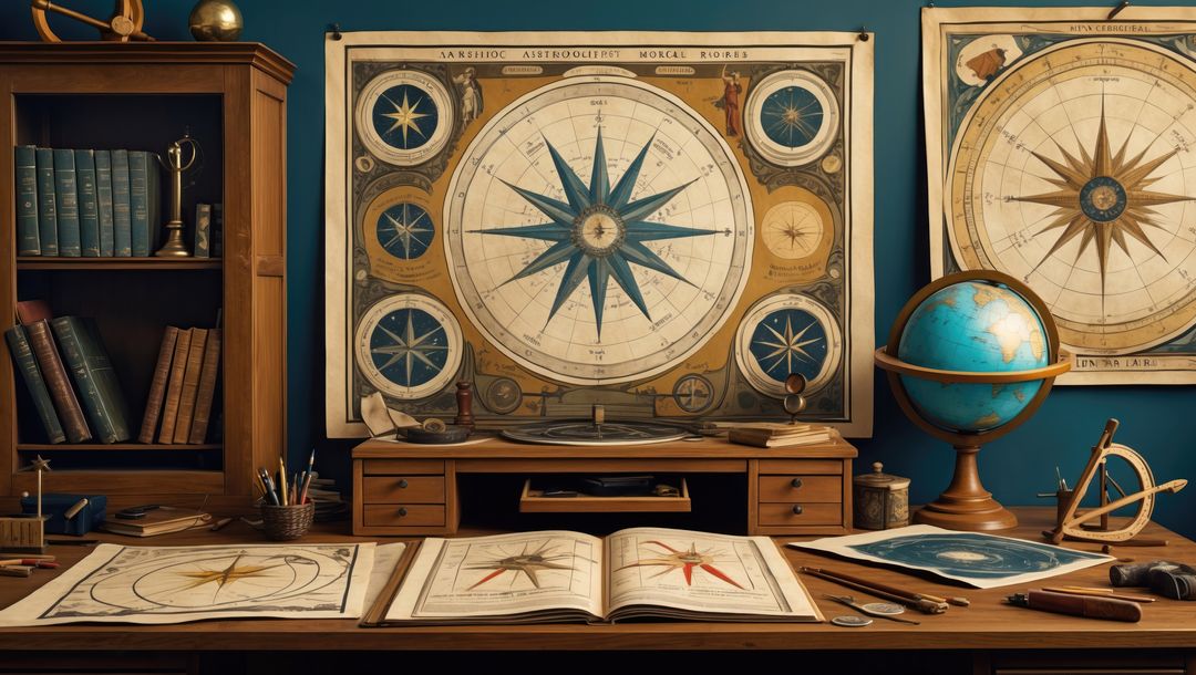 Vintage astrologist's navigation study with maps and instruments