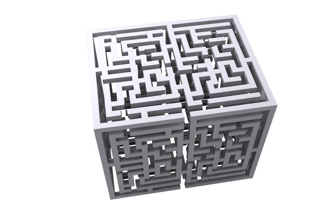 Intricate Gray Maze Cube on Transparent Background