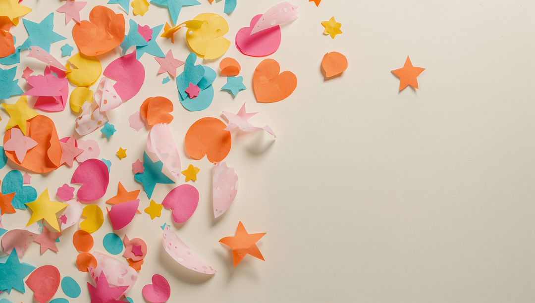 Colorful Paper Confetti Hearts and Stars Scattering on Cream Flat Lay with Soft Shadows