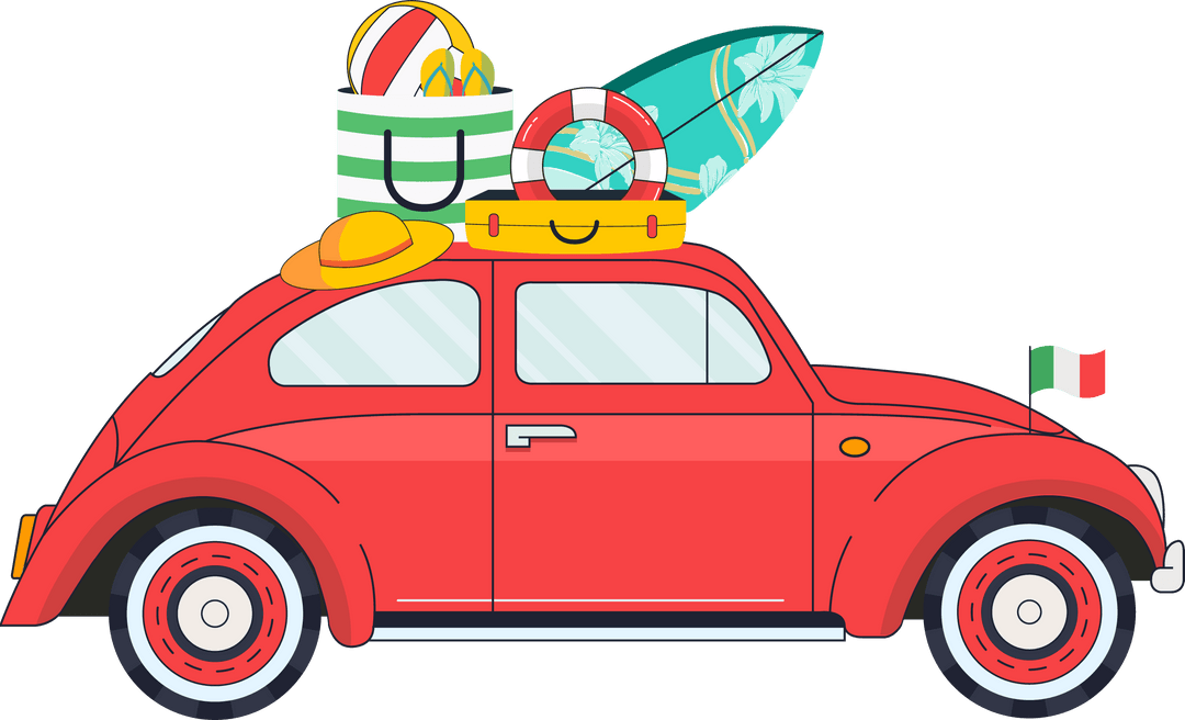 Red Vintage Car with Beach Gear Packed for Leisure on Transparent Background