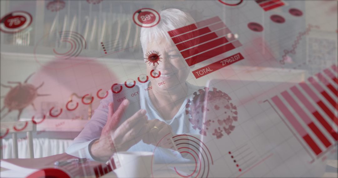 Senior Woman Using Smartphone with Overlay of COVID-19 Graphs