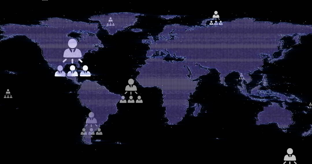 Glitch World Map with Business Symbols on Black Background