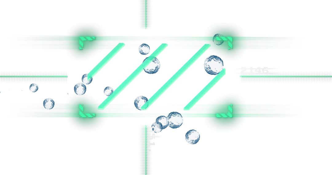 Floating turquoise diagonal bars with glass spheres and glowing neon brackets on white