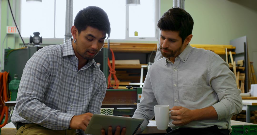 Business Meeting in Industrial Workshop with Digital Collaboration