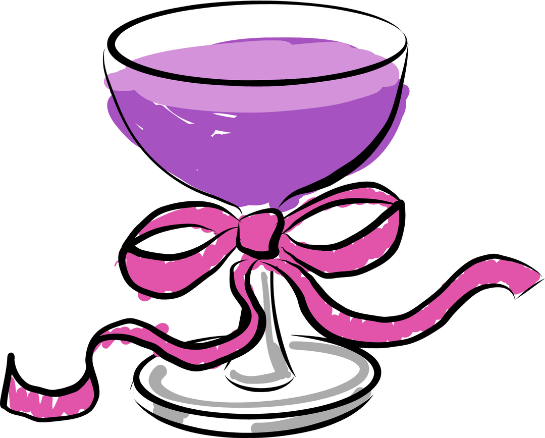 Transparent Stemmed Goblet with Purple Liquid and Pink Ribbon