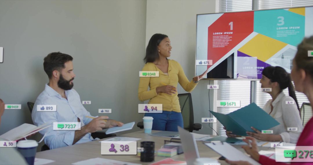 Business team collaborating during presentation with woman leading meeting and slides
