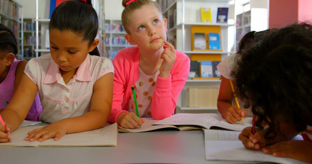 Diverse Children Studying Together in School Library