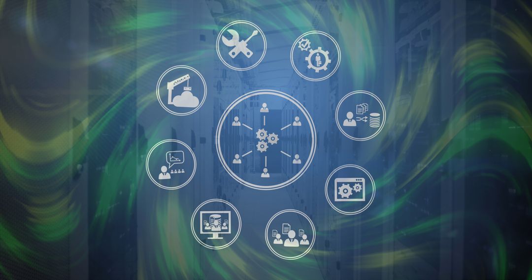 Network of Technology Icons Over Digital Waves in Server Room