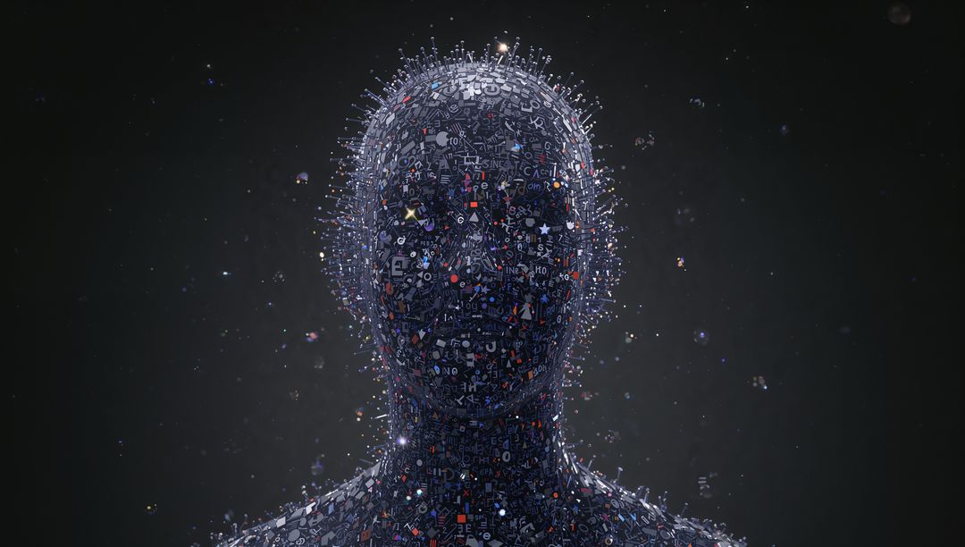Futuristic Digital Humanoid Bust Composed of Glyphs, Nodes and Floating Particles