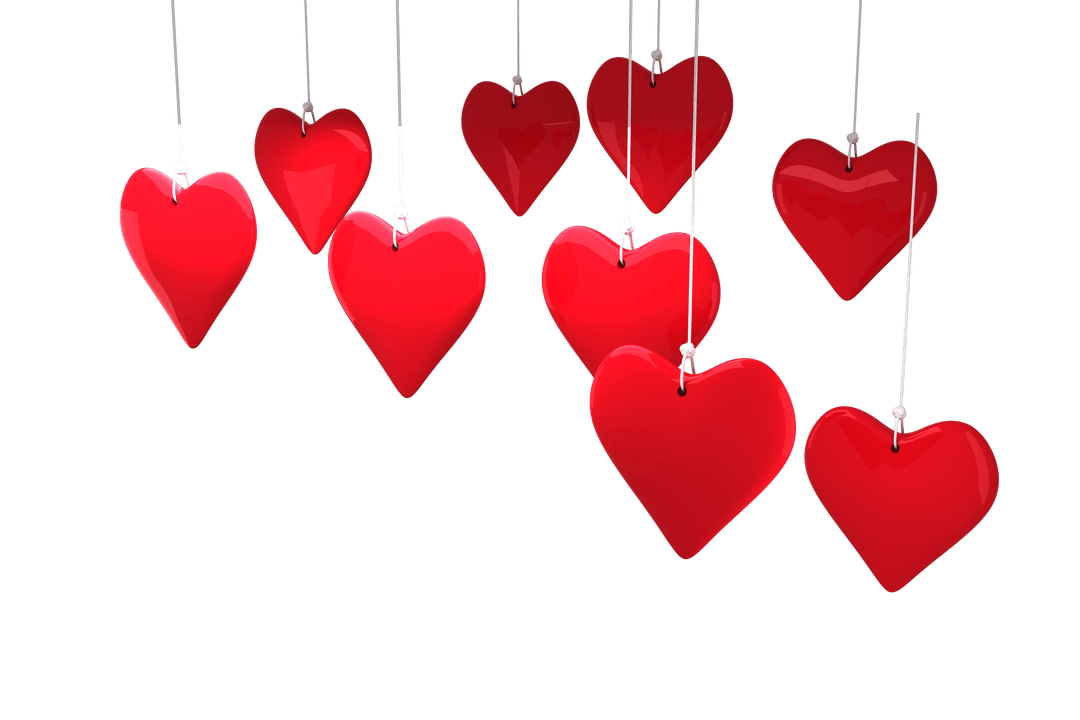 Red Hearts Hanging on Transparent Background for Valentine's Celebration