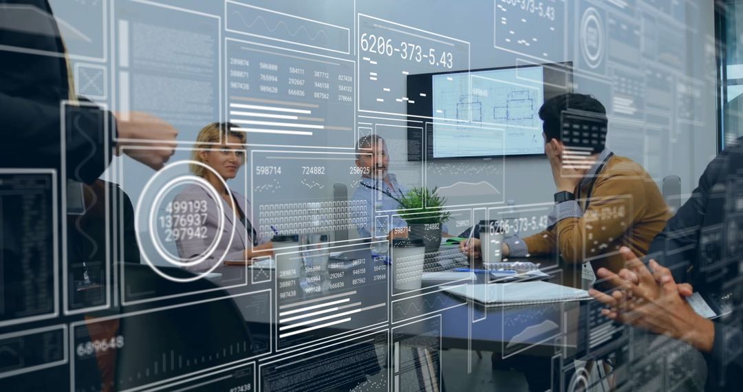 Business Professionals Discussing Data Analytics Interactive Display