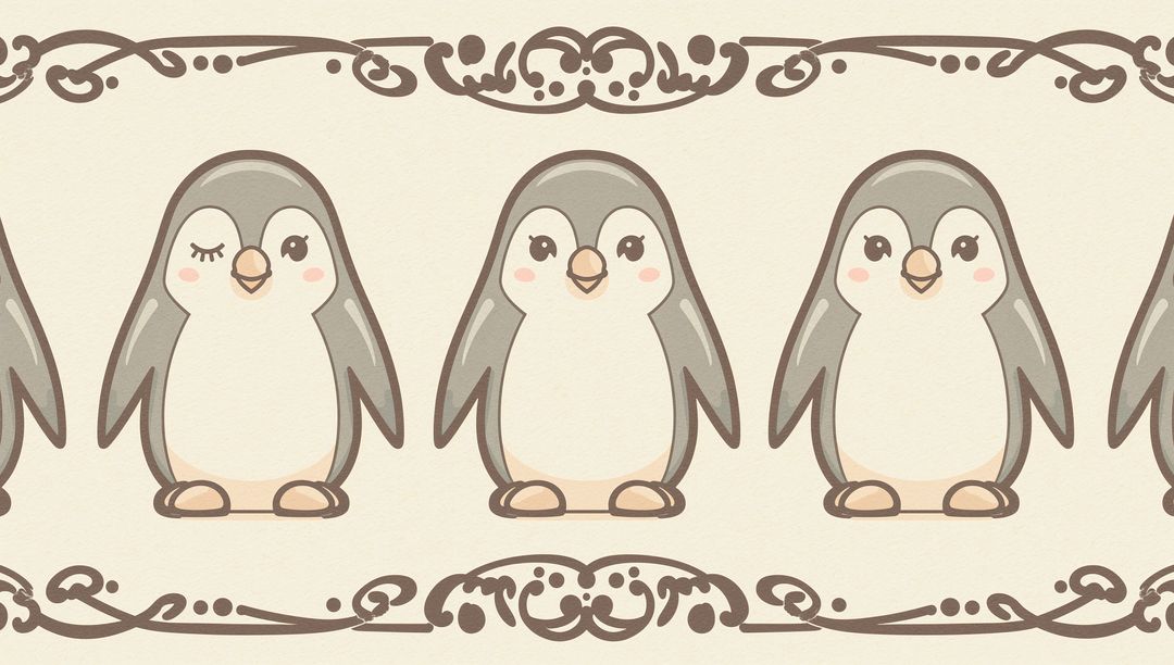 Repeating Trio of Winking and Smiling Penguins on Cream Background with Ornate Brown Borders
