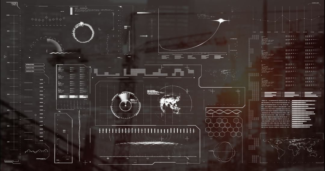 Futuristic Digital Interface with World Map Over Cityscape