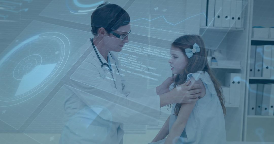Pediatric Doctor Engaging with Child amid Futuristic Digital Interface