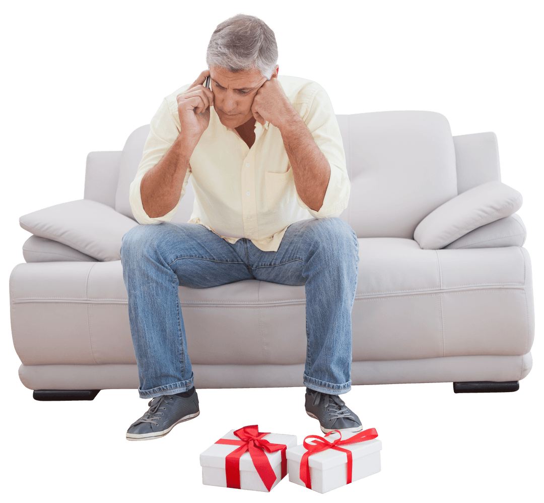 Thoughtful Man on Sofa with Gifts on Floor in Transparent Setting