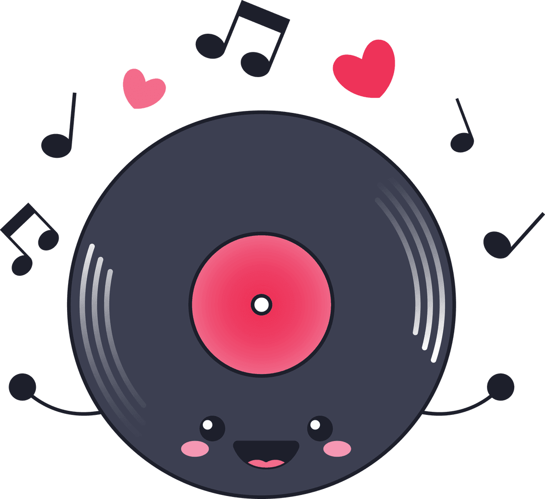 Cute Smiling Vinyl Record with Hearts and Notes Transparent Background